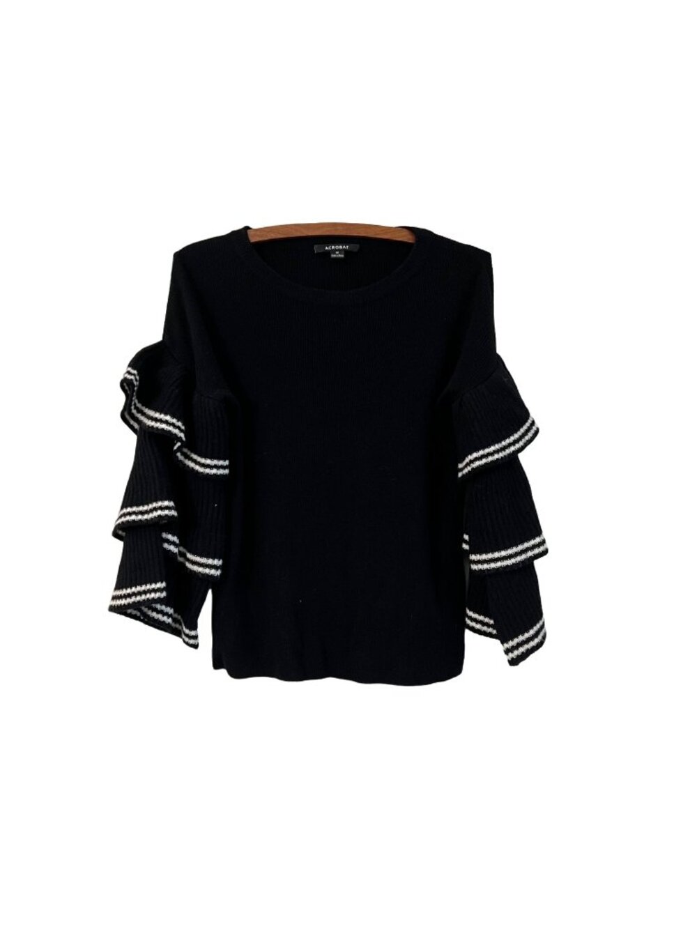Acrobat Womens Black Tiered Ruffle Sleeve Ribbed Wool Pullover Sweater Size M